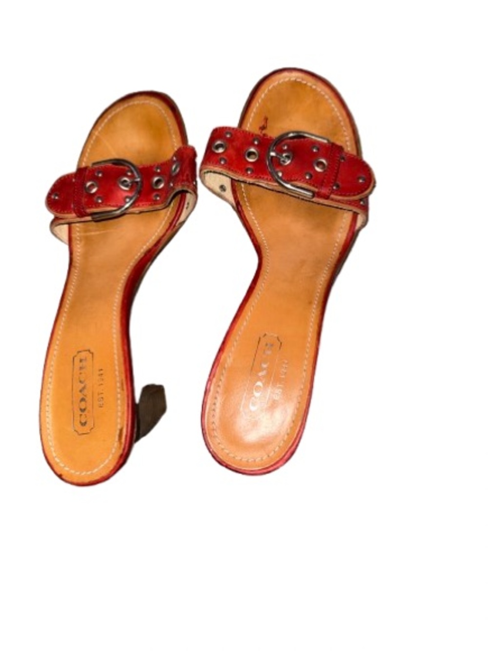 Red coach Devon vintage open toe platform heels with buckle strap